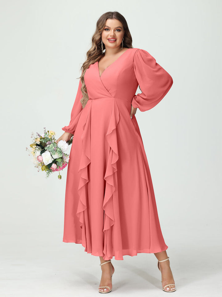 A-Line/Princess/Princess V-Neck Long Sleeves Chiffon Tea-Length Plus Size Bridesmaid Dresses with Pockets & Ruffles