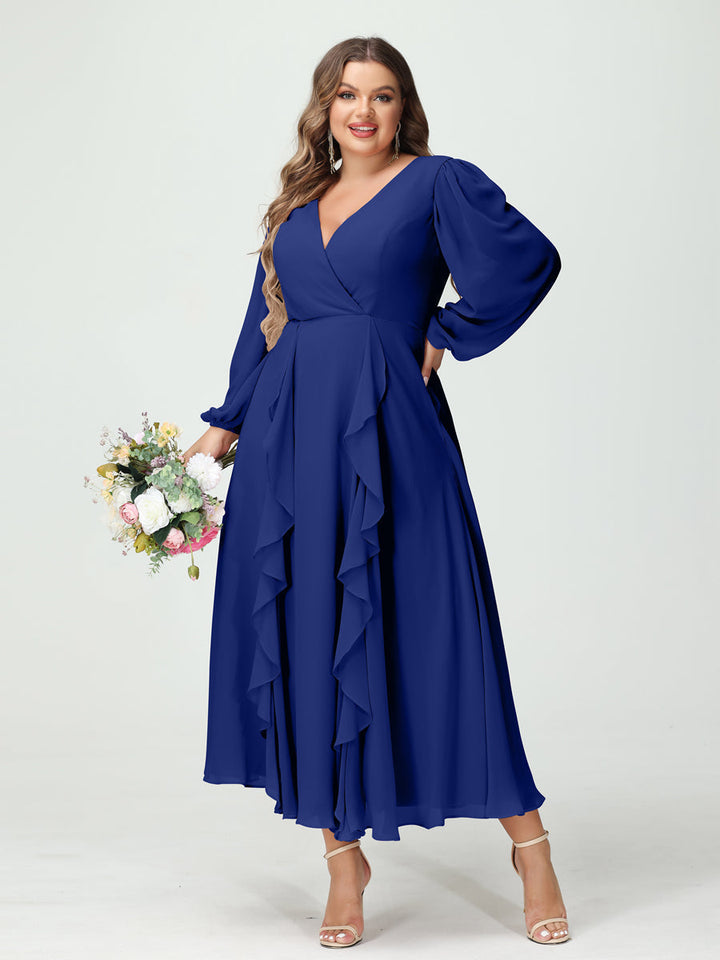 A-Line/Princess/Princess V-Neck Long Sleeves Chiffon Tea-Length Plus Size Bridesmaid Dresses with Pockets & Ruffles