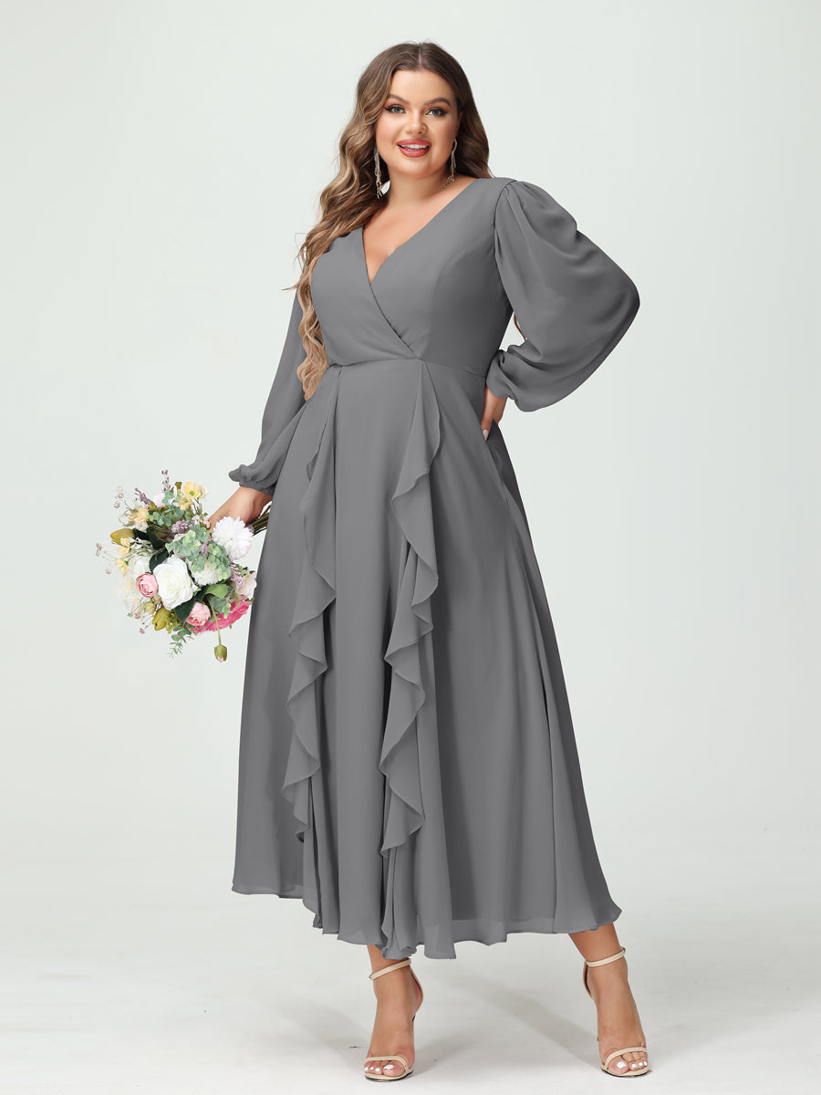 A-Line/Princess/Princess V-Neck Long Sleeves Chiffon Tea-Length Plus Size Bridesmaid Dresses with Pockets & Ruffles