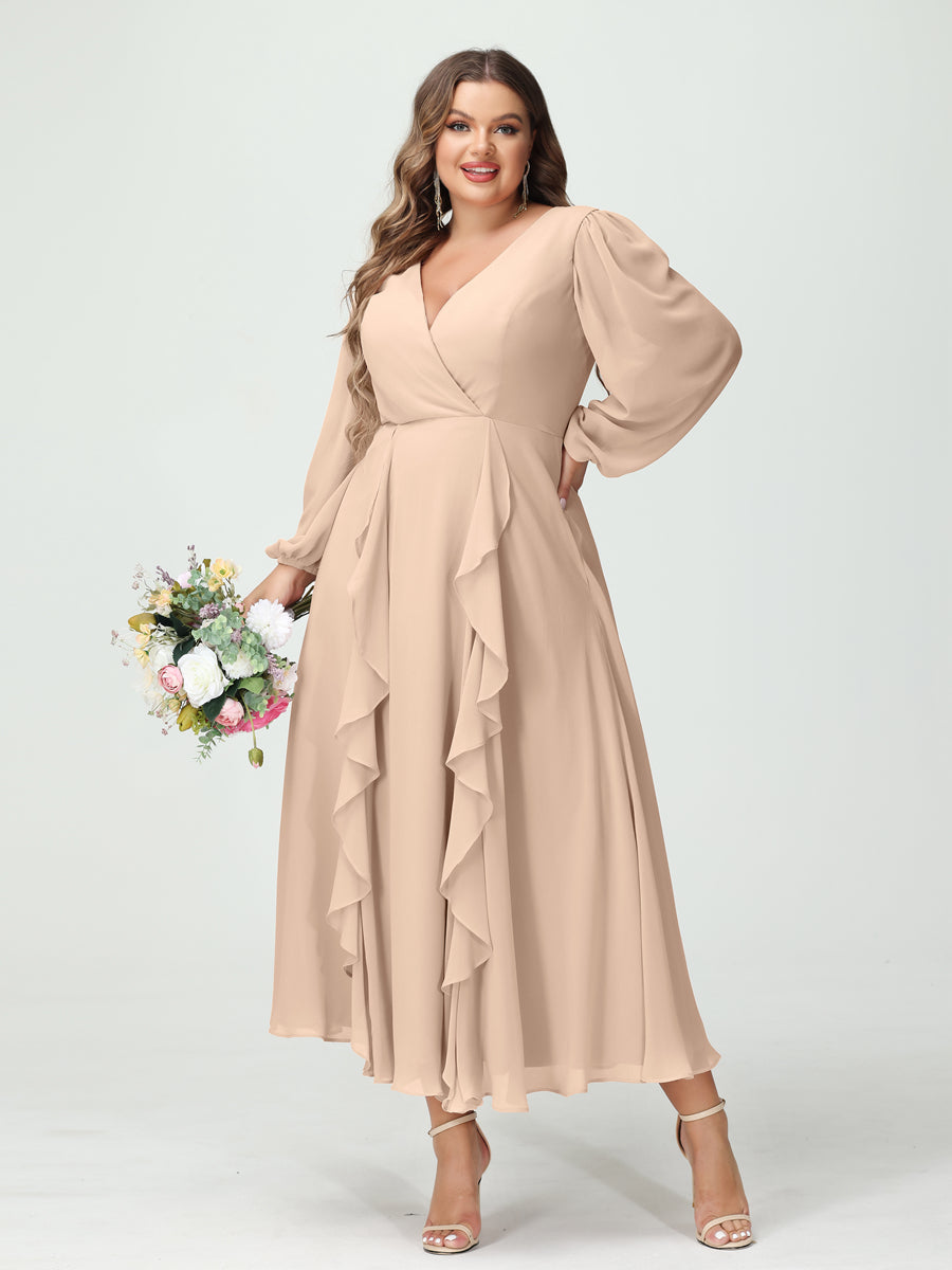 A-Line/Princess/Princess V-Neck Long Sleeves Chiffon Tea-Length Plus Size Bridesmaid Dresses with Pockets & Ruffles