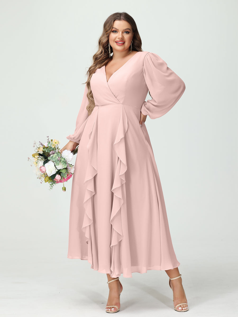 A-Line/Princess/Princess V-Neck Long Sleeves Chiffon Tea-Length Plus Size Bridesmaid Dresses with Pockets & Ruffles