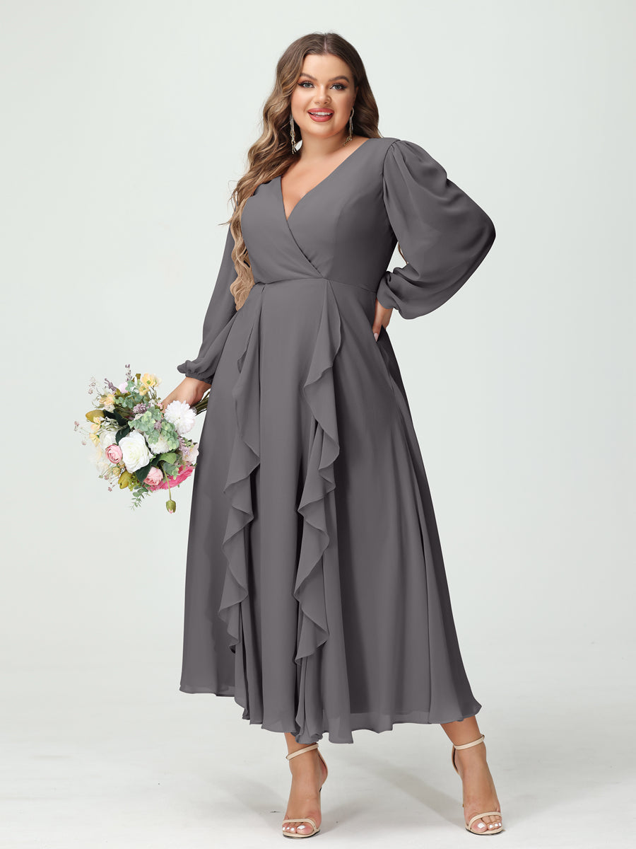 A-Line/Princess/Princess V-Neck Long Sleeves Chiffon Tea-Length Plus Size Bridesmaid Dresses with Pockets & Ruffles