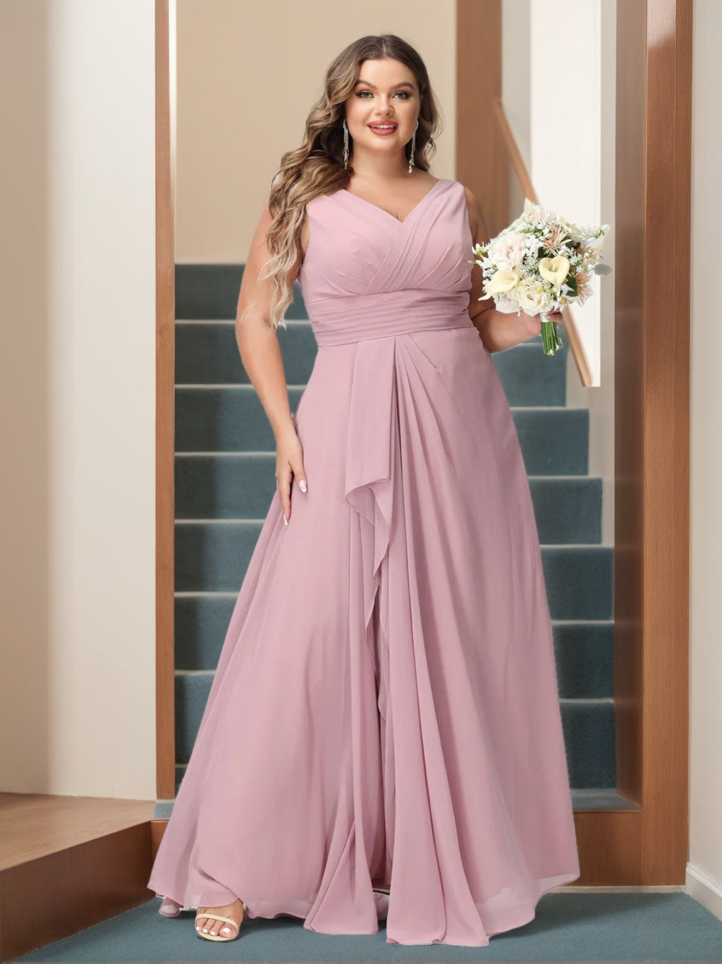 A-Line/Princess V-Neck Sleeveless Chiffon Ruffles Plus Size Bridesmaid Dresses with Pockets & Ruffles