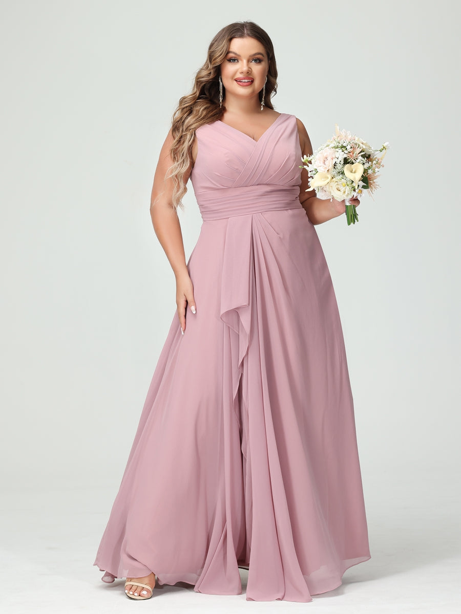 A-Line/Princess V-Neck Sleeveless Chiffon Ruffles Plus Size Bridesmaid Dresses with Pockets & Ruffles