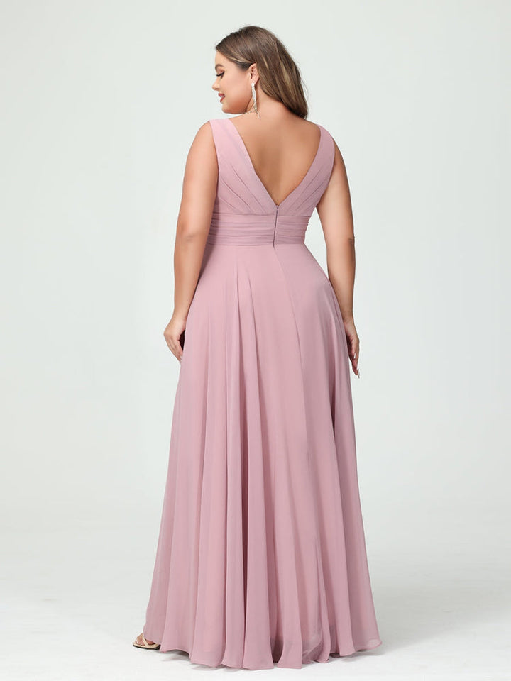 A-Line/Princess V-Neck Sleeveless Chiffon Ruffles Plus Size Bridesmaid Dresses with Pockets & Ruffles