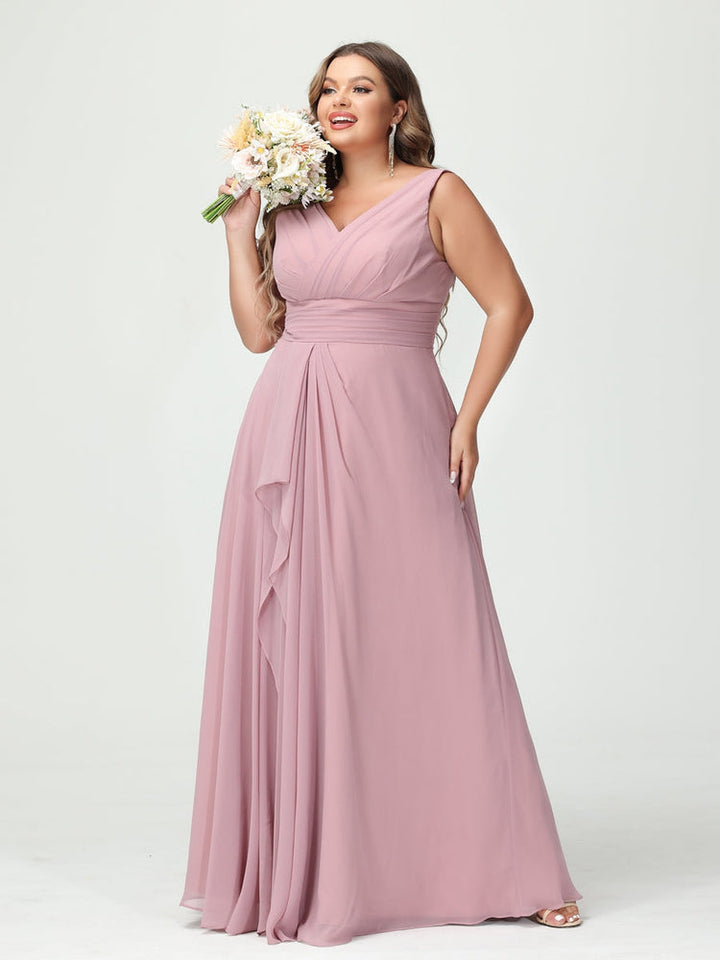 A-Line/Princess/Princess V-Neck Sleeveless Chiffon Ruffles Plus Size Bridesmaid Dresses with Pockets & Ruffles