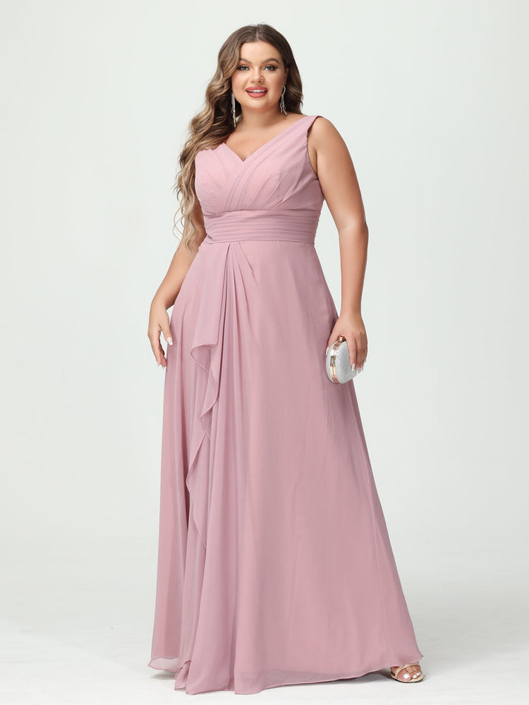 A-Line/Princess/Princess V-Neck Sleeveless Chiffon Ruffles Plus Size Bridesmaid Dresses with Pockets & Ruffles