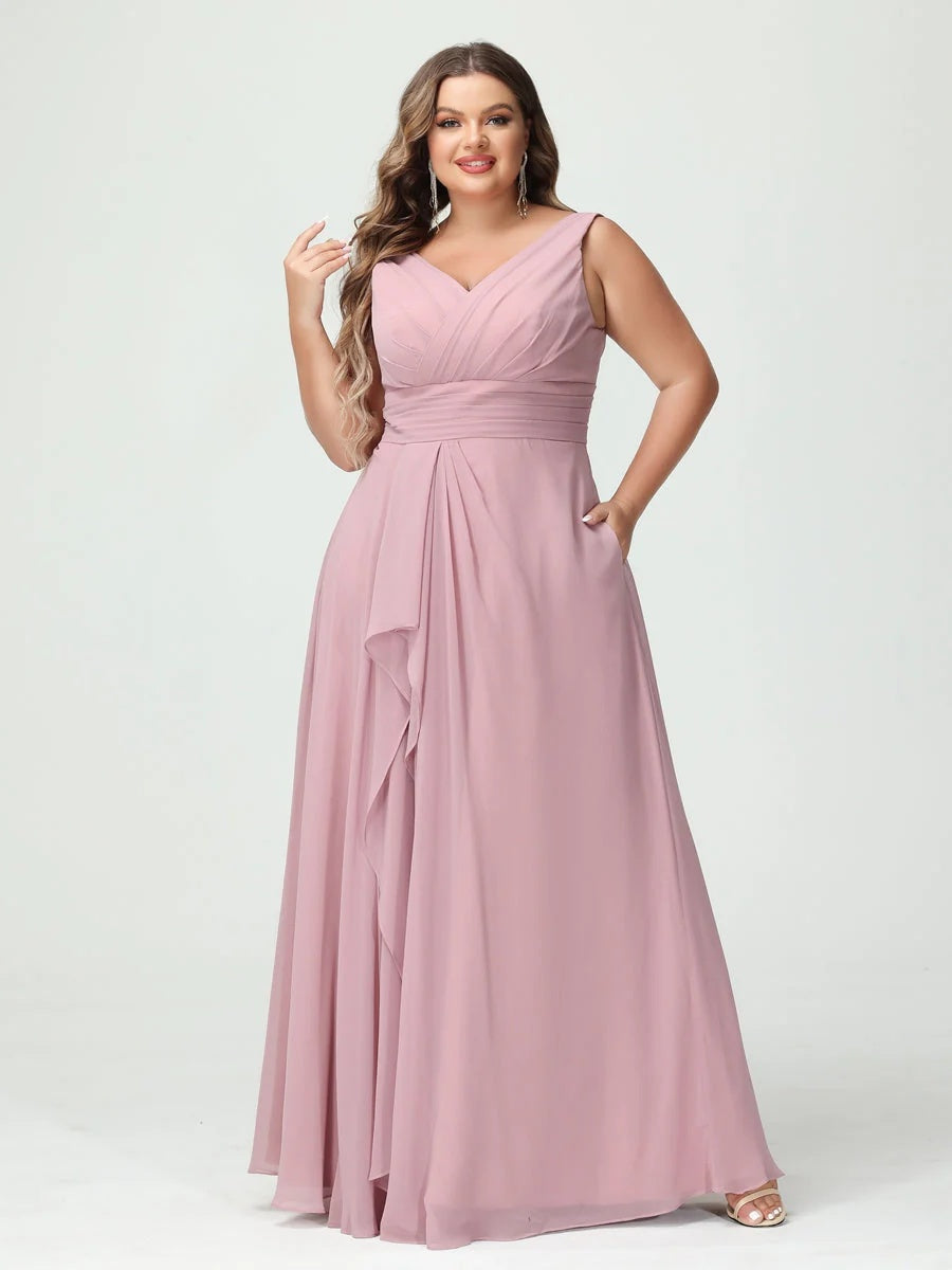 A-Line/Princess V-Neck Sleeveless Chiffon Ruffles Plus Size Bridesmaid Dresses with Pockets & Ruffles