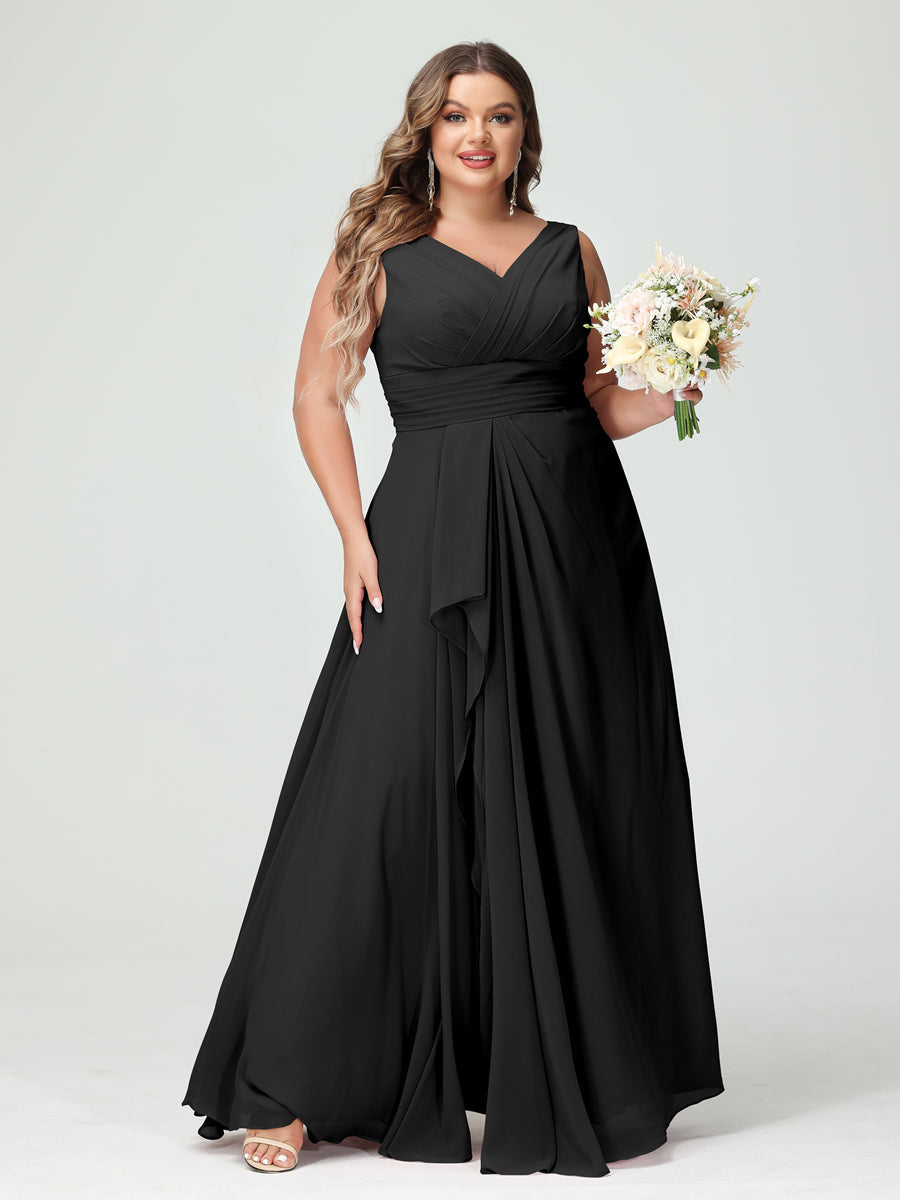 A-Line/Princess/Princess V-Neck Sleeveless Chiffon Ruffles Plus Size Bridesmaid Dresses with Pockets & Ruffles