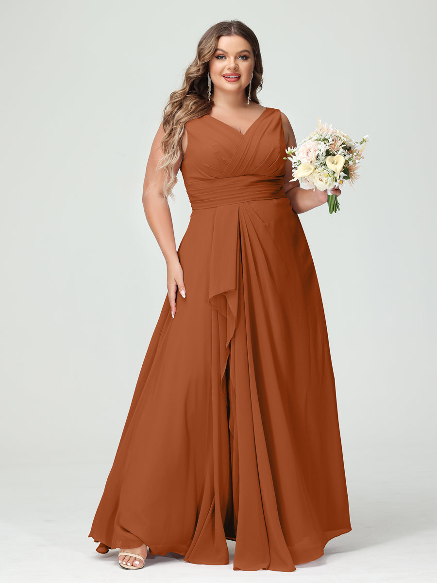 A-Line/Princess V-Neck Sleeveless Chiffon Ruffles Plus Size Bridesmaid Dresses with Pockets & Ruffles