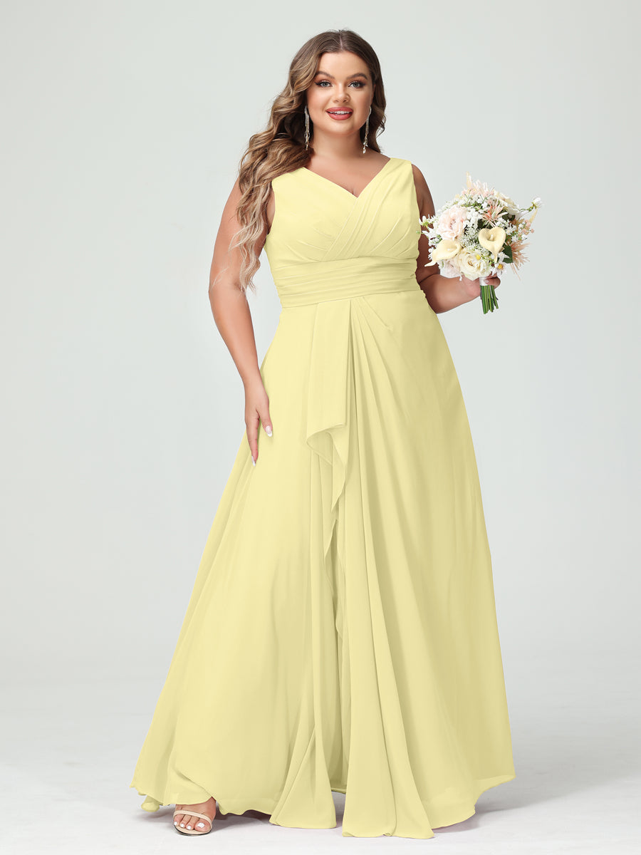 A-Line/Princess/Princess V-Neck Sleeveless Chiffon Ruffles Plus Size Bridesmaid Dresses with Pockets & Ruffles