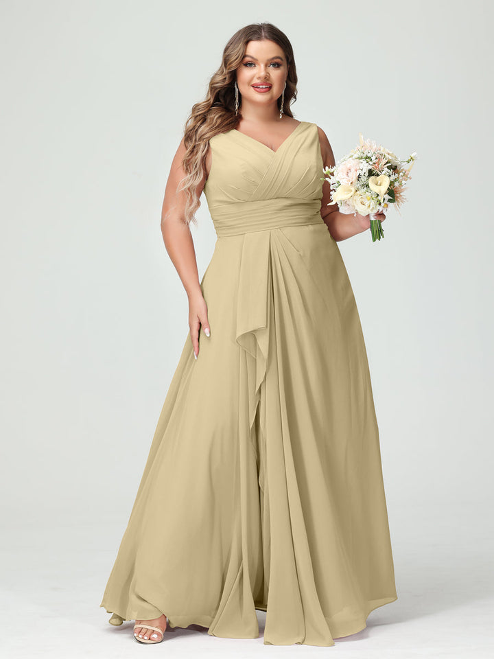 A-Line/Princess/Princess V-Neck Sleeveless Chiffon Ruffles Plus Size Bridesmaid Dresses with Pockets & Ruffles