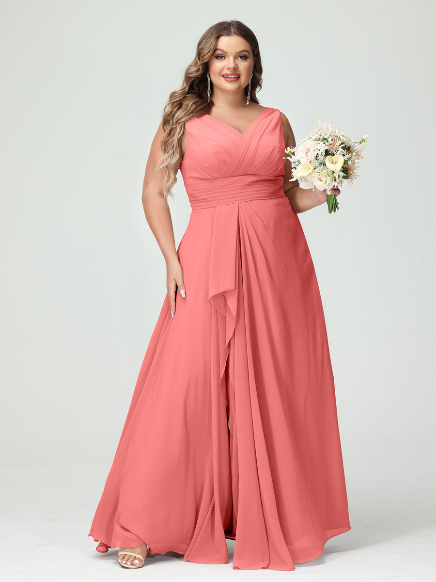 A-Line/Princess/Princess V-Neck Sleeveless Chiffon Ruffles Plus Size Bridesmaid Dresses with Pockets & Ruffles