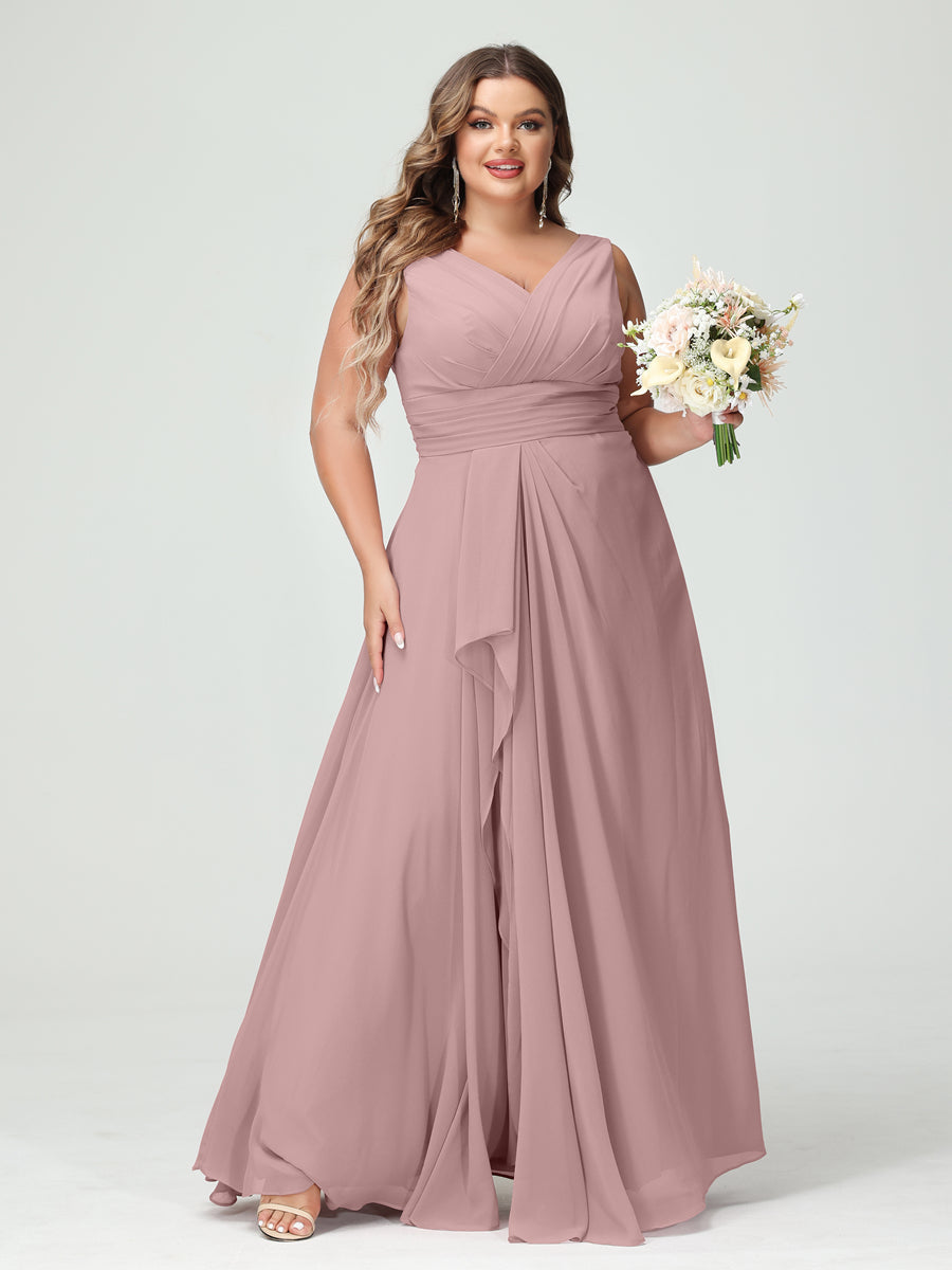 A-Line/Princess/Princess V-Neck Sleeveless Chiffon Ruffles Plus Size Bridesmaid Dresses with Pockets & Ruffles