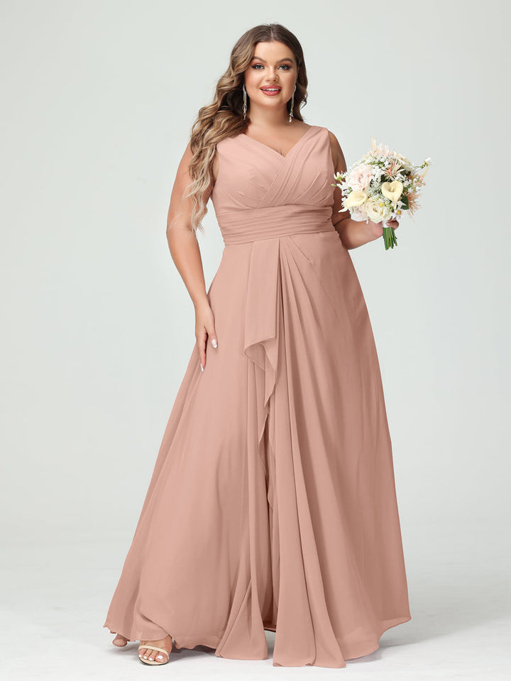 A-Line/Princess/Princess V-Neck Sleeveless Chiffon Ruffles Plus Size Bridesmaid Dresses with Pockets & Ruffles