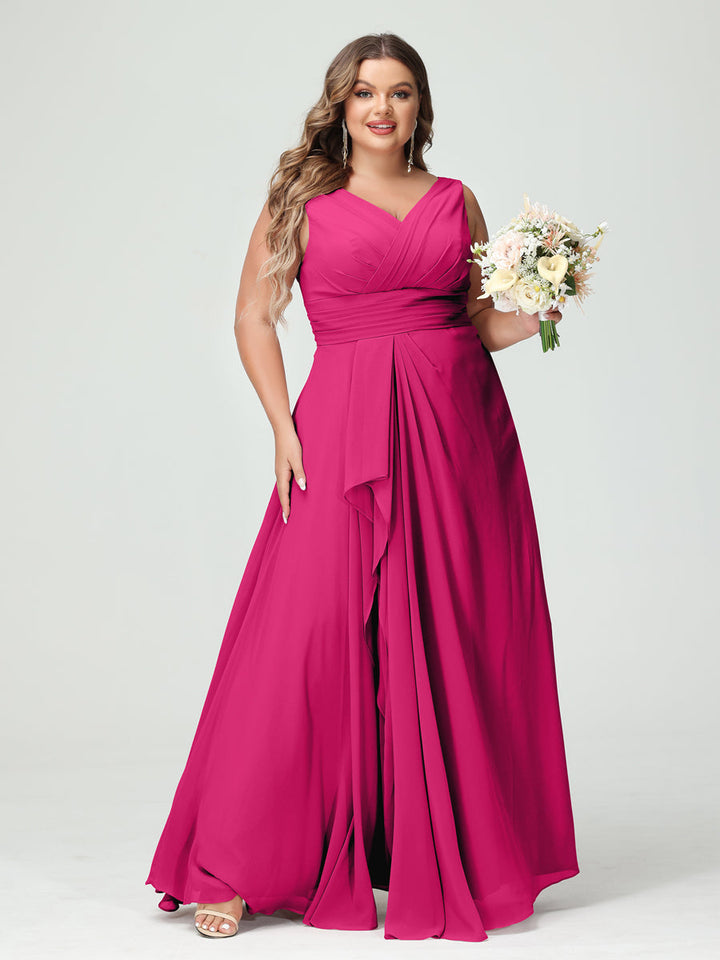 A-Line/Princess/Princess V-Neck Sleeveless Chiffon Ruffles Plus Size Bridesmaid Dresses with Pockets & Ruffles