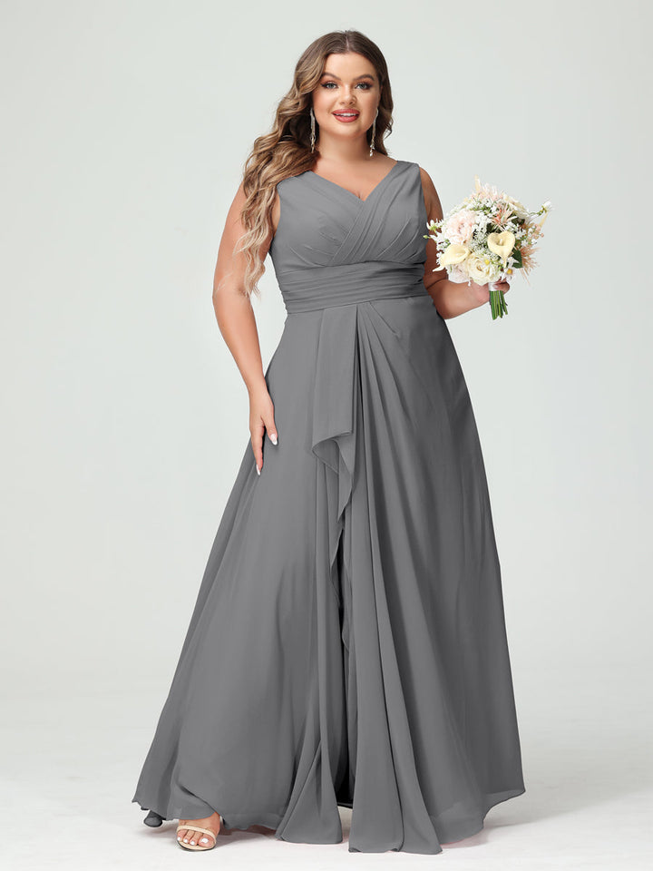 A-Line/Princess/Princess V-Neck Sleeveless Chiffon Ruffles Plus Size Bridesmaid Dresses with Pockets & Ruffles