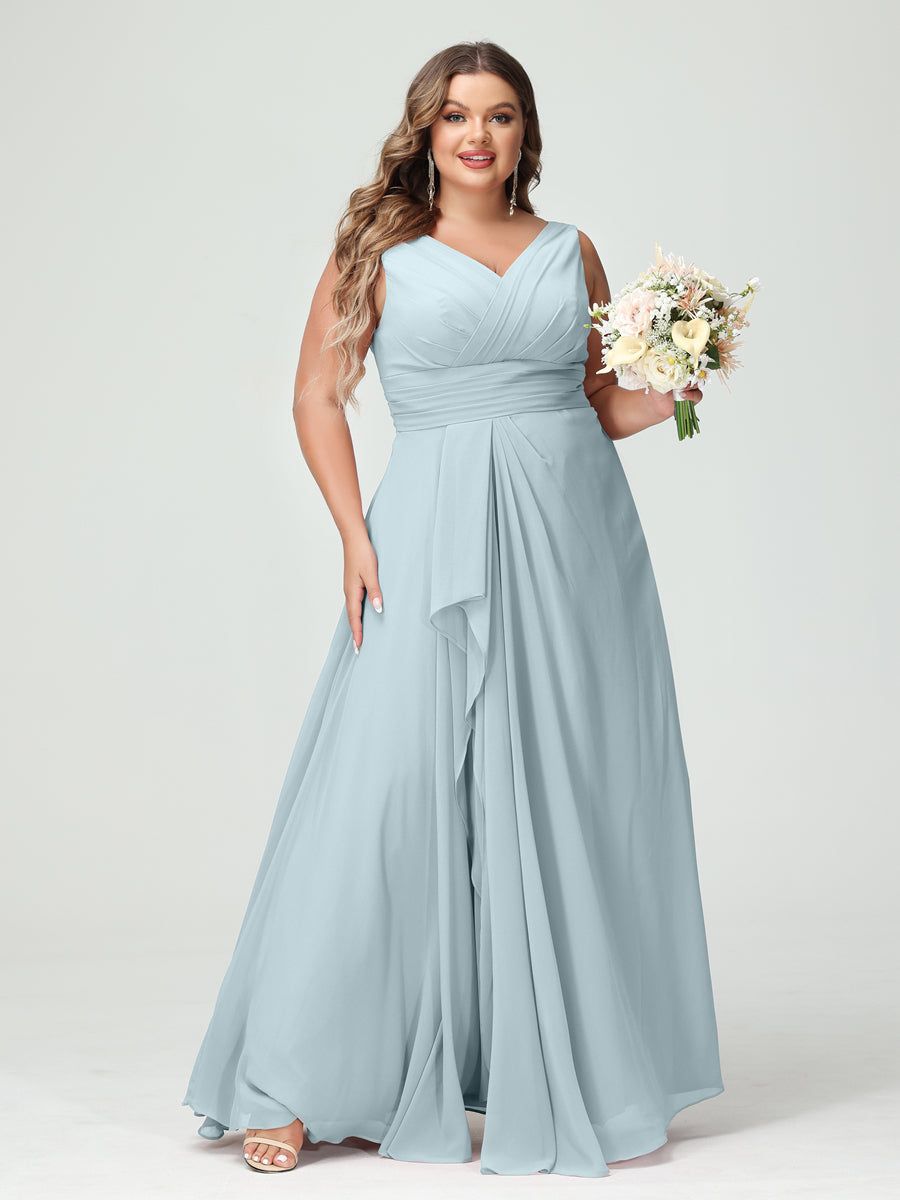 A-Line/Princess/Princess V-Neck Sleeveless Chiffon Ruffles Plus Size Bridesmaid Dresses with Pockets & Ruffles