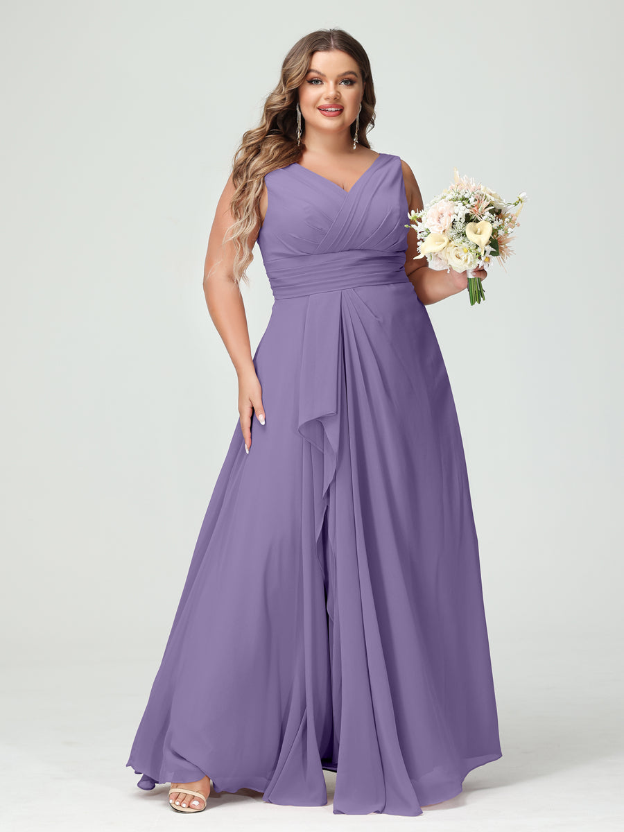 A-Line/Princess/Princess V-Neck Sleeveless Chiffon Ruffles Plus Size Bridesmaid Dresses with Pockets & Ruffles