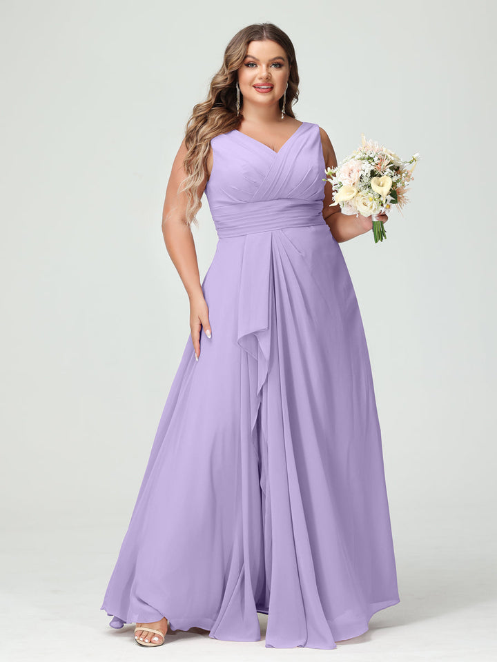 A-Line/Princess V-Neck Sleeveless Chiffon Ruffles Plus Size Bridesmaid Dresses with Pockets & Ruffles