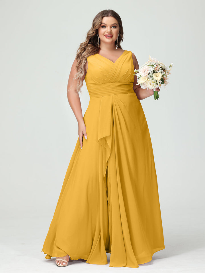 A-Line/Princess V-Neck Sleeveless Chiffon Ruffles Plus Size Bridesmaid Dresses with Pockets & Ruffles