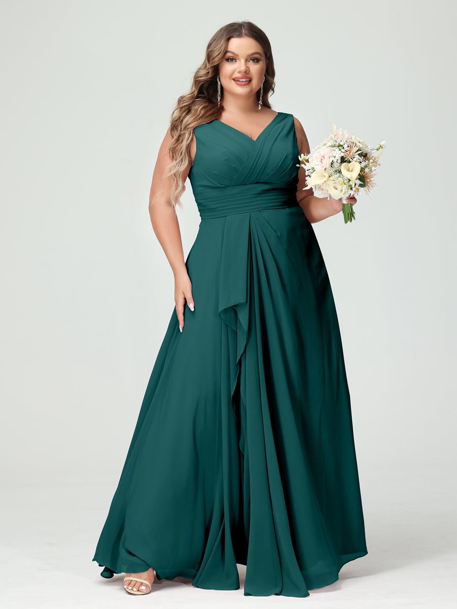 A-Line/Princess V-Neck Sleeveless Chiffon Ruffles Plus Size Bridesmaid Dresses with Pockets & Ruffles