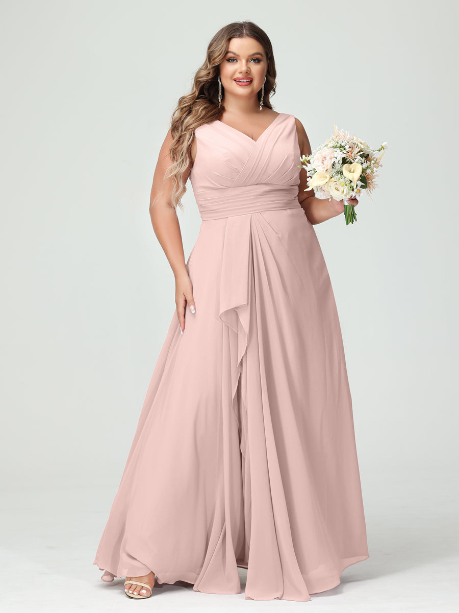 A-Line/Princess V-Neck Sleeveless Chiffon Ruffles Plus Size Bridesmaid Dresses with Pockets & Ruffles