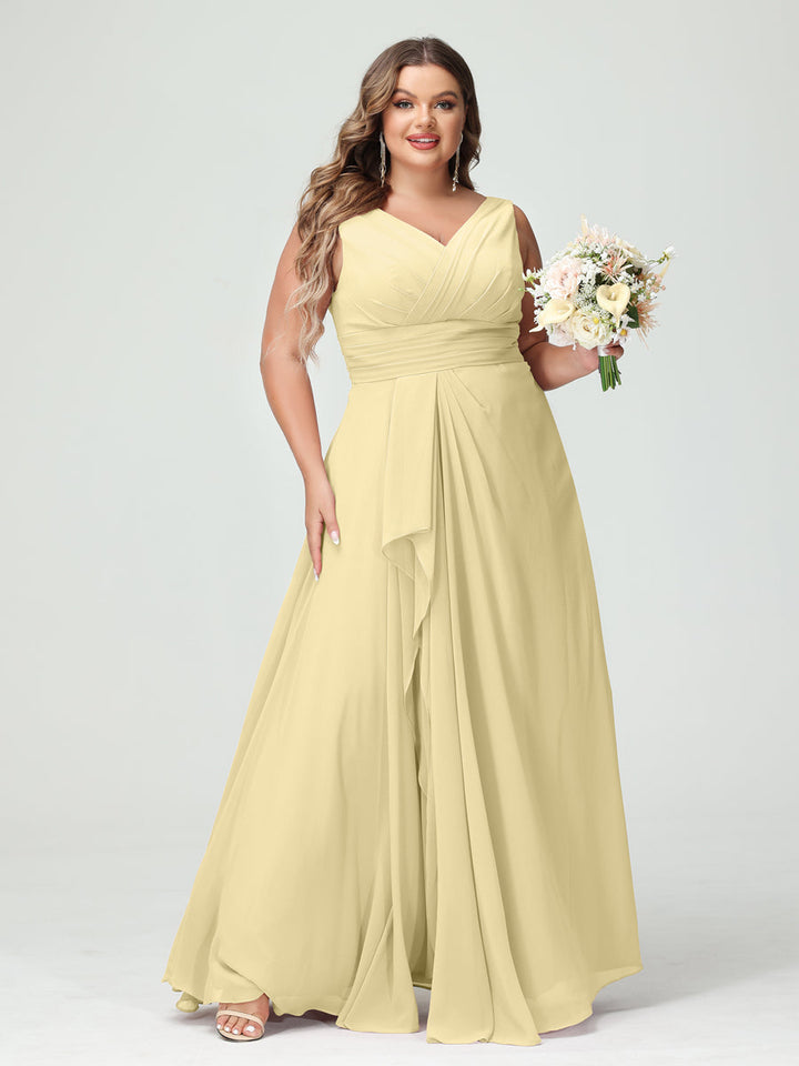 A-Line/Princess/Princess V-Neck Sleeveless Chiffon Ruffles Plus Size Bridesmaid Dresses with Pockets & Ruffles