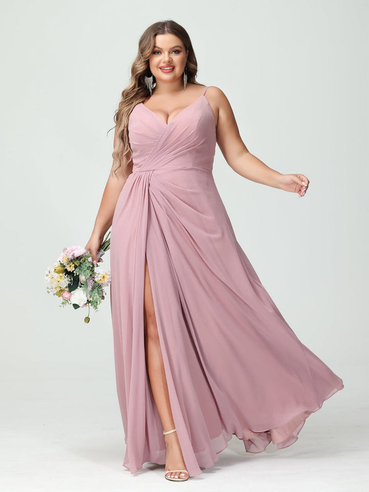 A-Line/Princess/Princess Spaghetti Straps Sleeveless Chiffon Plus Size Bridesmaid Dresses with Pockets & Split Side