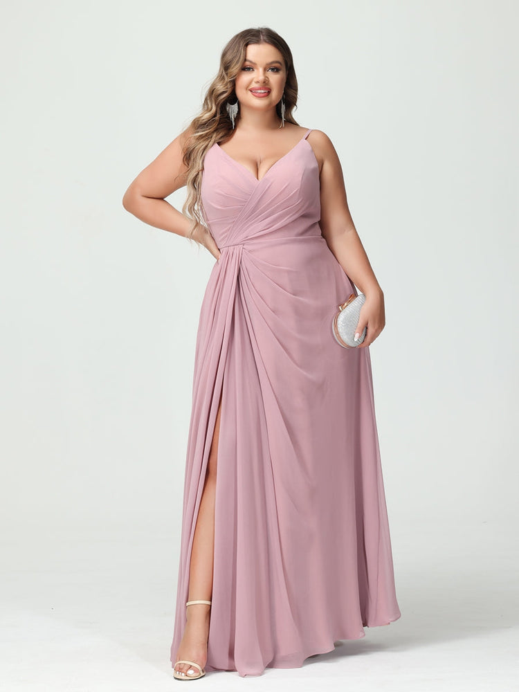 A-Line/Princess/Princess Spaghetti Straps Sleeveless Chiffon Plus Size Bridesmaid Dresses with Pockets & Split Side