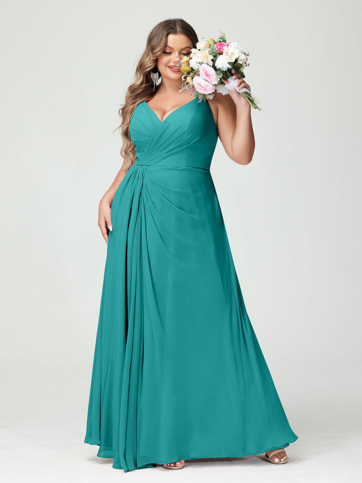 A-Line/Princess/Princess Spaghetti Straps Sleeveless Chiffon Plus Size Bridesmaid Dresses with Pockets & Split Side