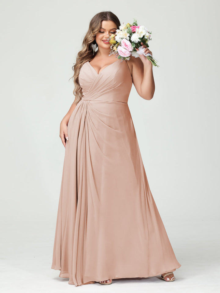 A-Line/Princess/Princess Spaghetti Straps Sleeveless Chiffon Plus Size Bridesmaid Dresses with Pockets & Split Side