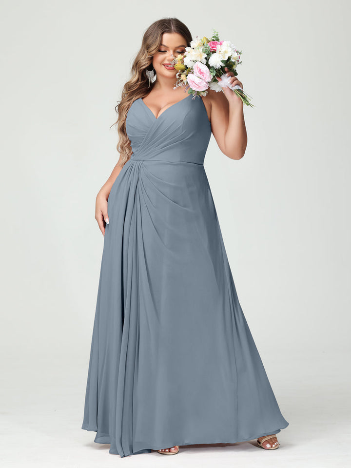 A-Line/Princess/Princess Spaghetti Straps Sleeveless Chiffon Plus Size Bridesmaid Dresses with Pockets & Split Side