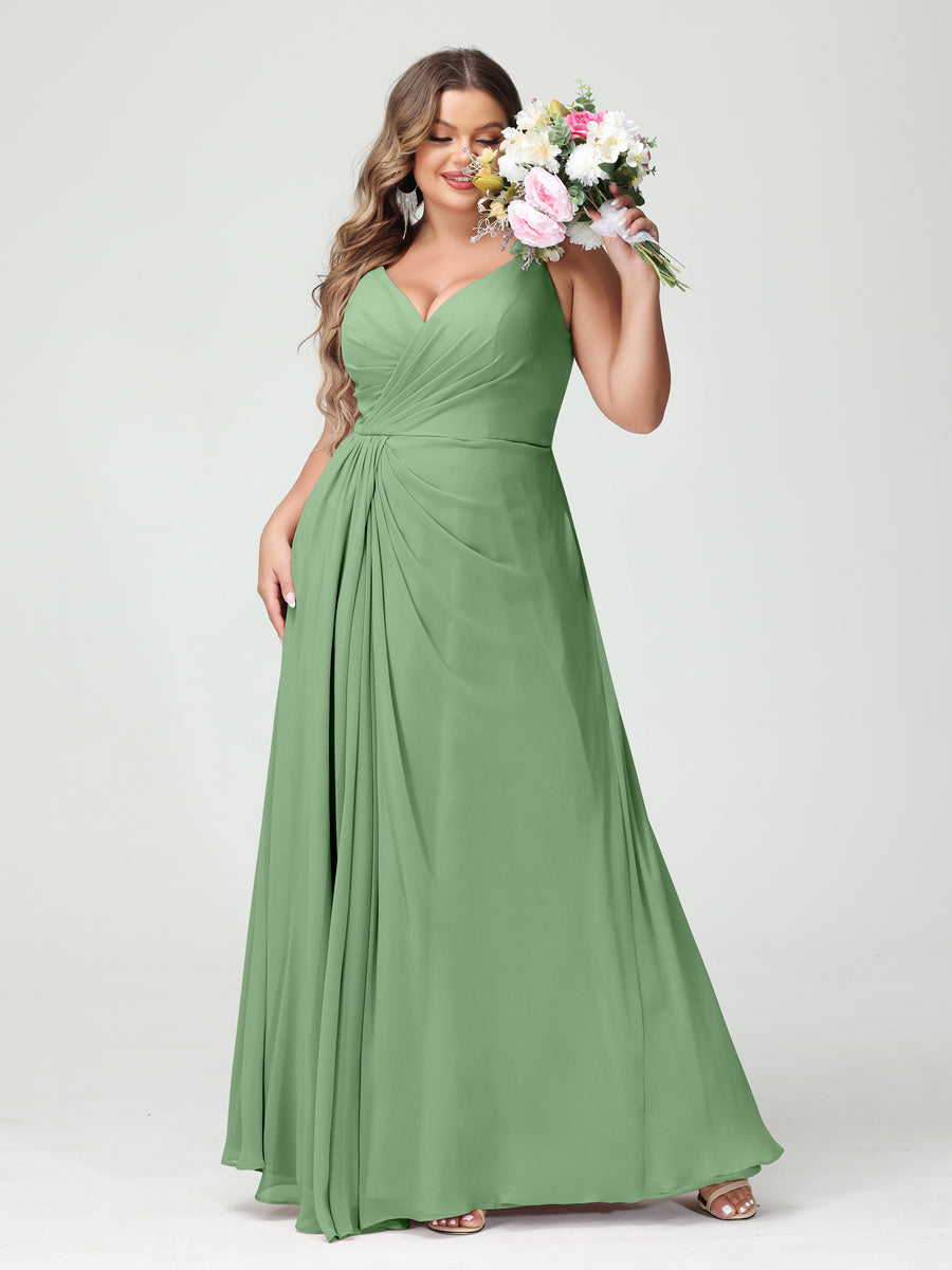 A-Line/Princess/Princess Spaghetti Straps Sleeveless Chiffon Plus Size Bridesmaid Dresses with Pockets & Split Side