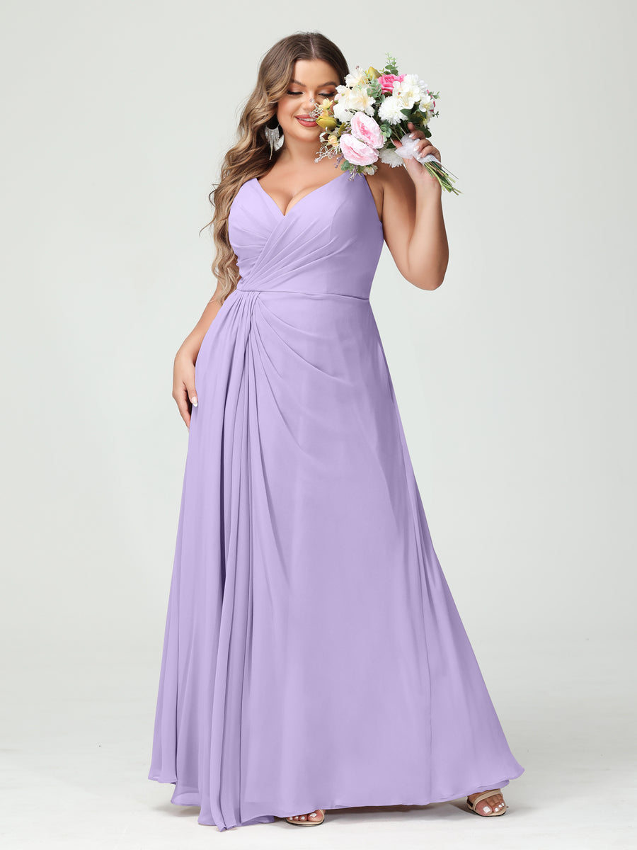 A-Line/Princess/Princess Spaghetti Straps Sleeveless Chiffon Plus Size Bridesmaid Dresses with Pockets & Split Side