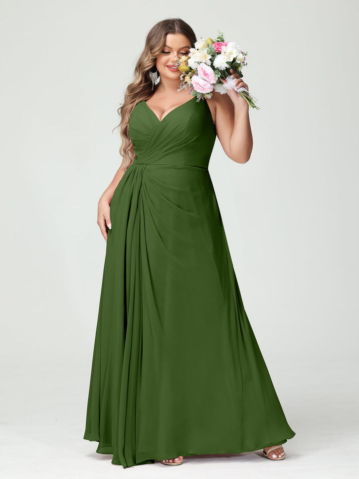 A-Line/Princess/Princess Spaghetti Straps Sleeveless Chiffon Plus Size Bridesmaid Dresses with Pockets & Split Side