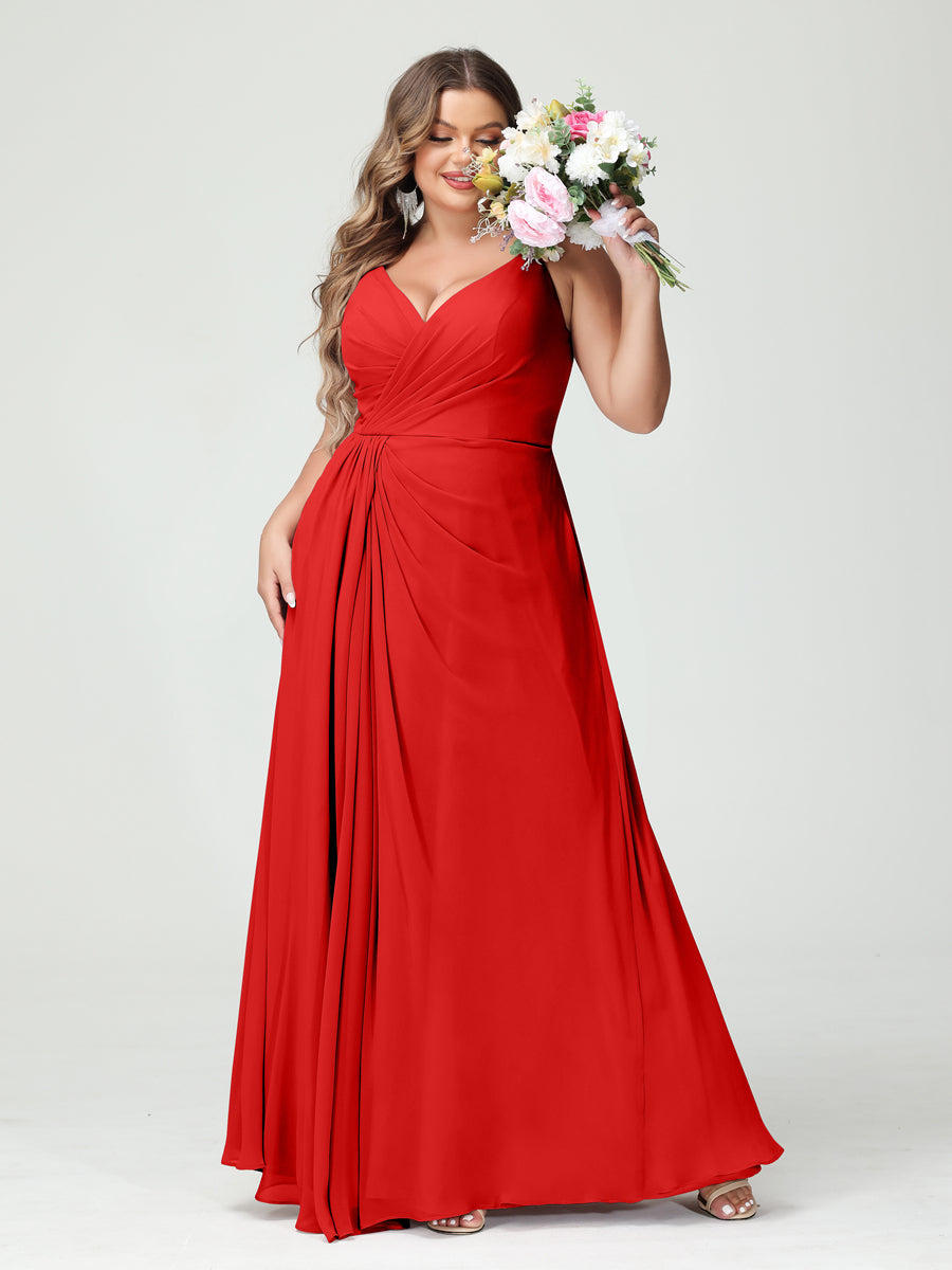 A-Line/Princess/Princess Spaghetti Straps Sleeveless Chiffon Plus Size Bridesmaid Dresses with Pockets & Split Side