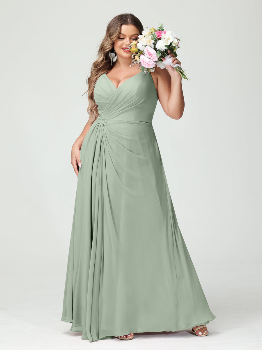 A-Line/Princess/Princess Spaghetti Straps Sleeveless Chiffon Plus Size Bridesmaid Dresses with Pockets & Split Side