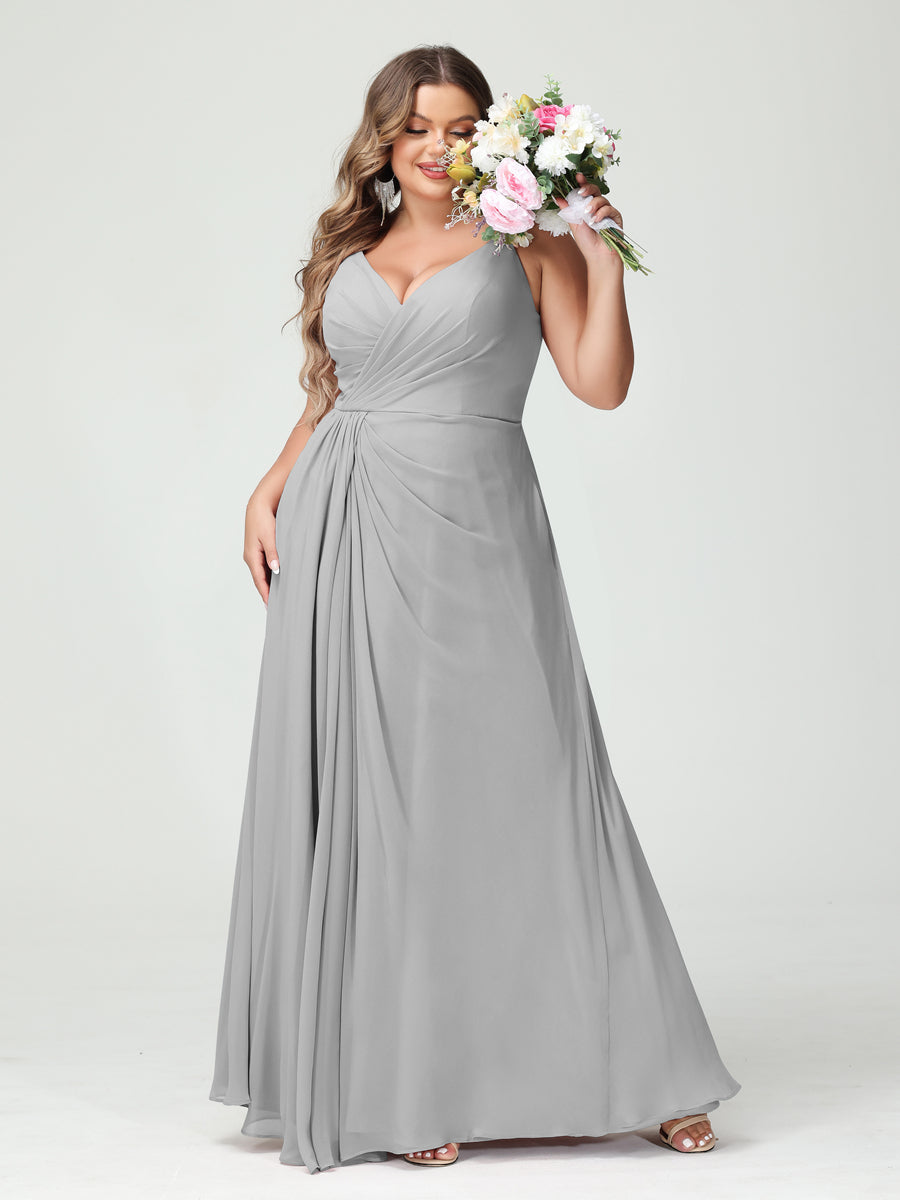 A-Line/Princess/Princess Spaghetti Straps Sleeveless Chiffon Plus Size Bridesmaid Dresses with Pockets & Split Side