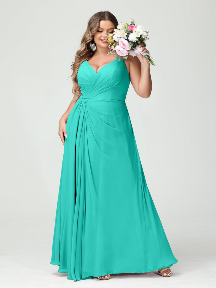 A-Line/Princess/Princess Spaghetti Straps Sleeveless Chiffon Plus Size Bridesmaid Dresses with Pockets & Split Side