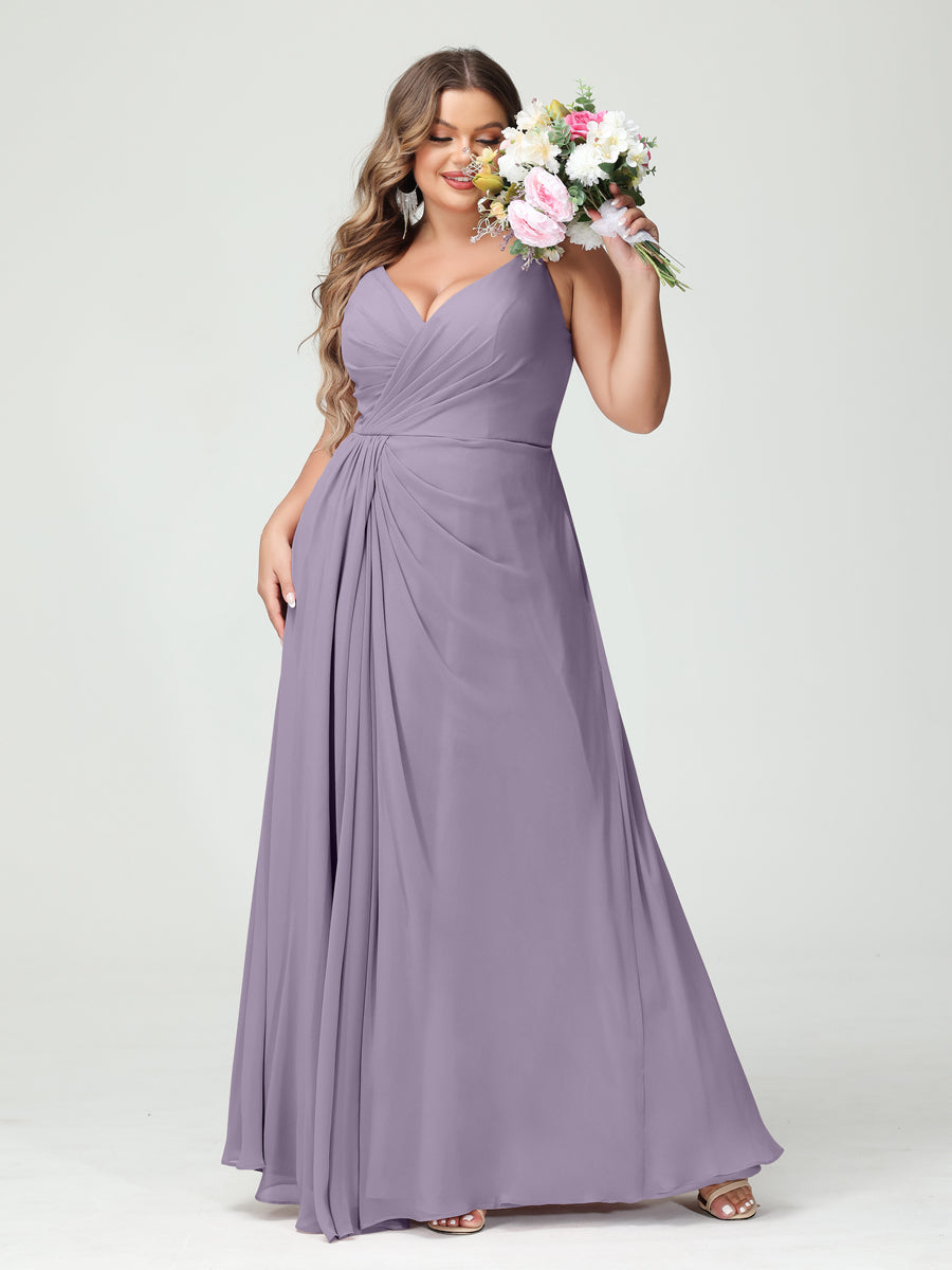 A-Line/Princess/Princess Spaghetti Straps Sleeveless Chiffon Plus Size Bridesmaid Dresses with Pockets & Split Side