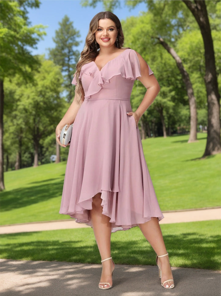 A-Line/Princess V-Neck Short Sleeves Chiffon High-Low Plus Size Bridesmaid Dresses with Pockets & Ruffles