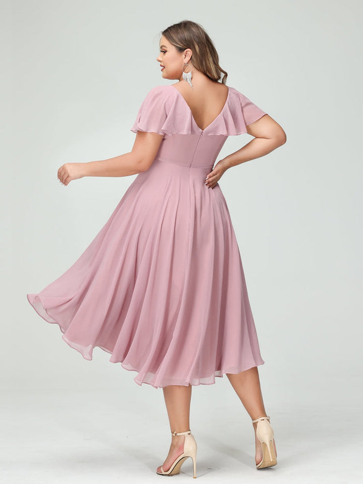 A-Line/Princess/Princess V-Neck Short Sleeves Chiffon High-Low Plus Size Bridesmaid Dresses with Pockets & Ruffles