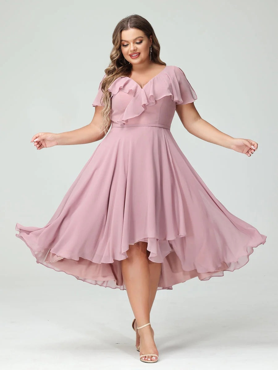 A-Line/Princess/Princess V-Neck Short Sleeves Chiffon High-Low Plus Size Bridesmaid Dresses with Pockets & Ruffles