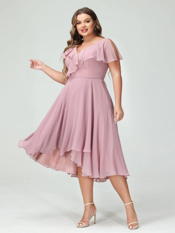 A-Line/Princess V-Neck Short Sleeves Chiffon High-Low Plus Size Bridesmaid Dresses with Pockets & Ruffles