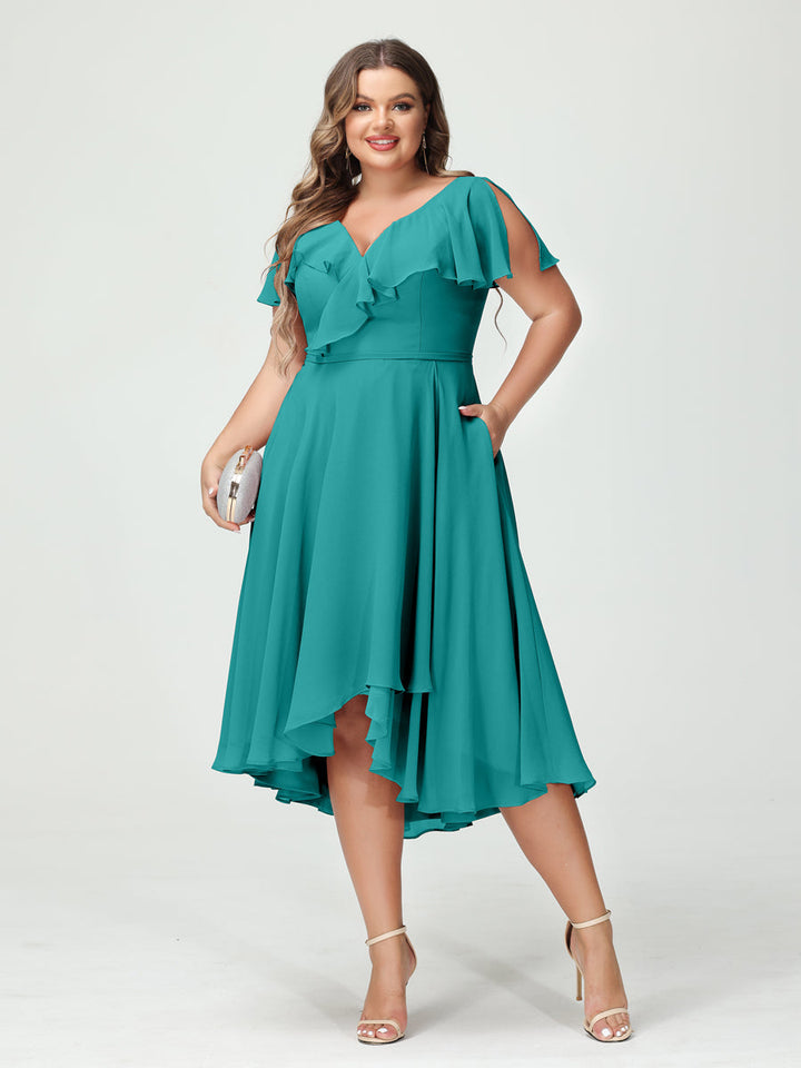 A-Line/Princess V-Neck Short Sleeves Chiffon High-Low Plus Size Bridesmaid Dresses with Pockets & Ruffles