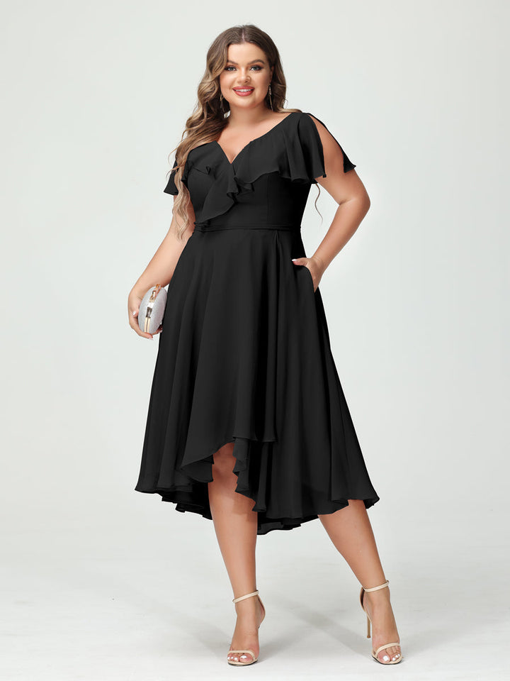 A-Line/Princess V-Neck Short Sleeves Chiffon High-Low Plus Size Bridesmaid Dresses with Pockets & Ruffles