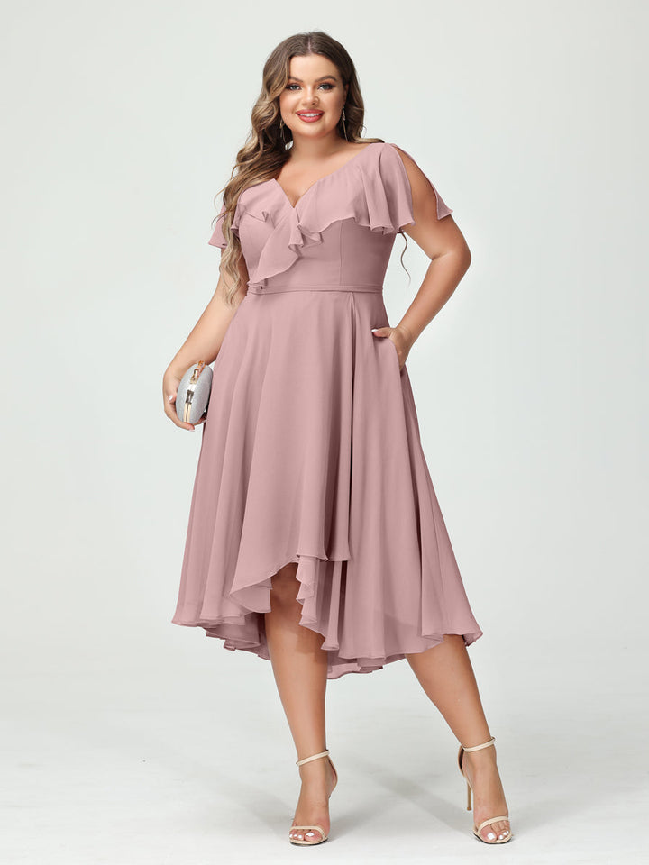 A-Line/Princess V-Neck Short Sleeves Chiffon High-Low Plus Size Bridesmaid Dresses with Pockets & Ruffles