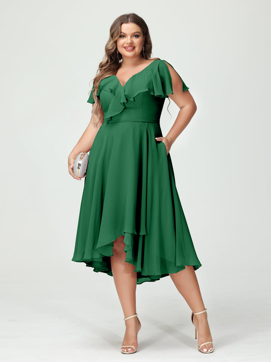 A-Line/Princess V-Neck Short Sleeves Chiffon High-Low Plus Size Bridesmaid Dresses with Pockets & Ruffles