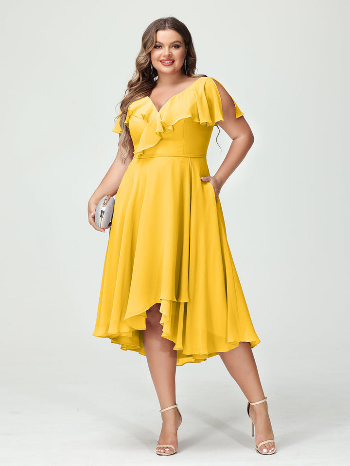 A-Line/Princess V-Neck Short Sleeves Chiffon High-Low Plus Size Bridesmaid Dresses with Pockets & Ruffles